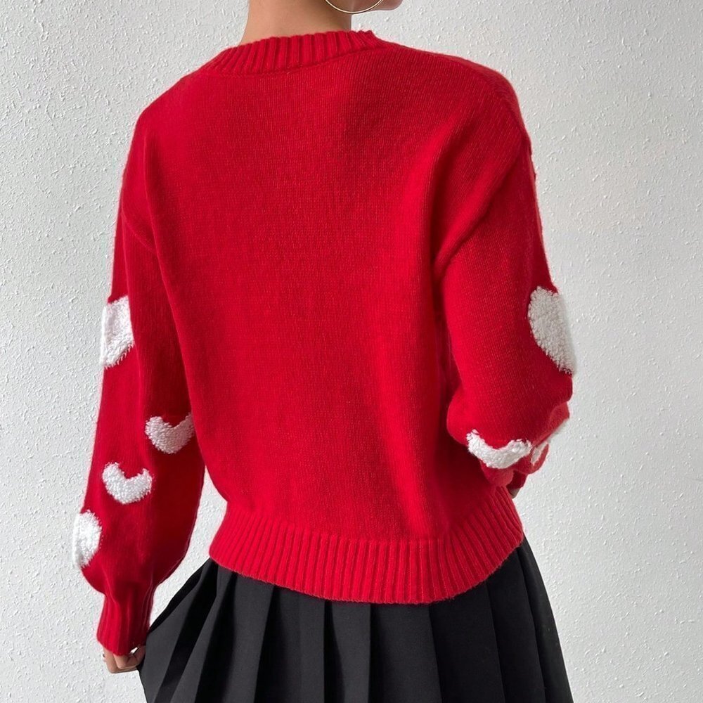Red Casual Womens Heart Knit Drop Shoulder Sweater - Picture 2 of 5